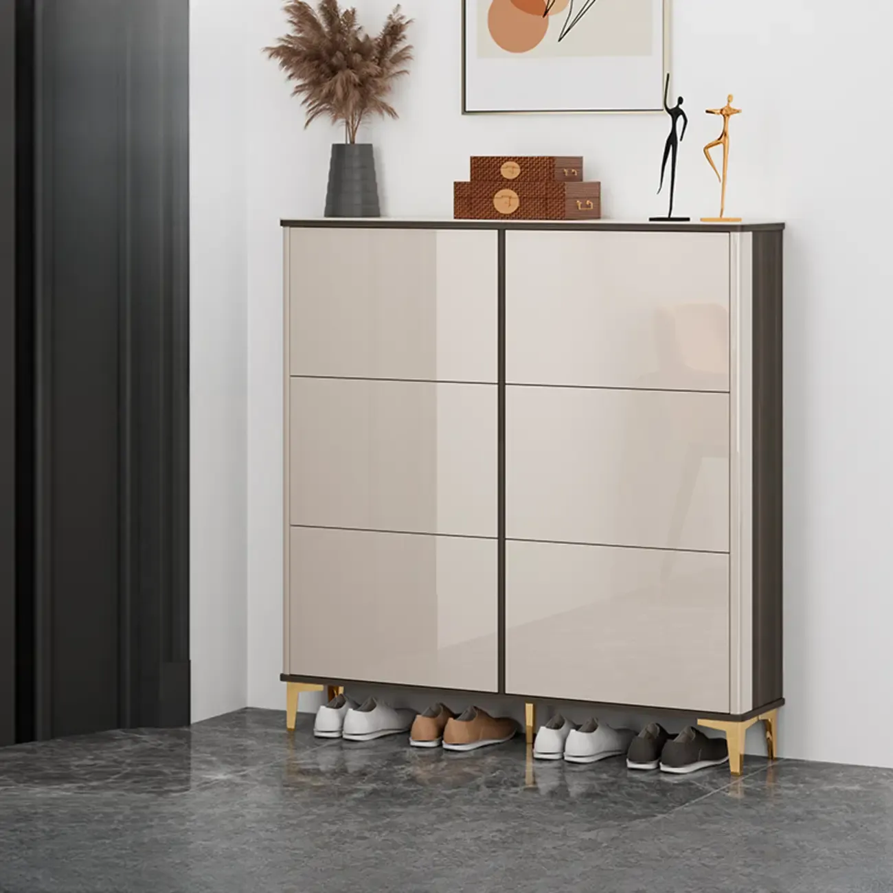 Glossy Shoe Cabinet with Sliding Doors for Entryway Image - 16