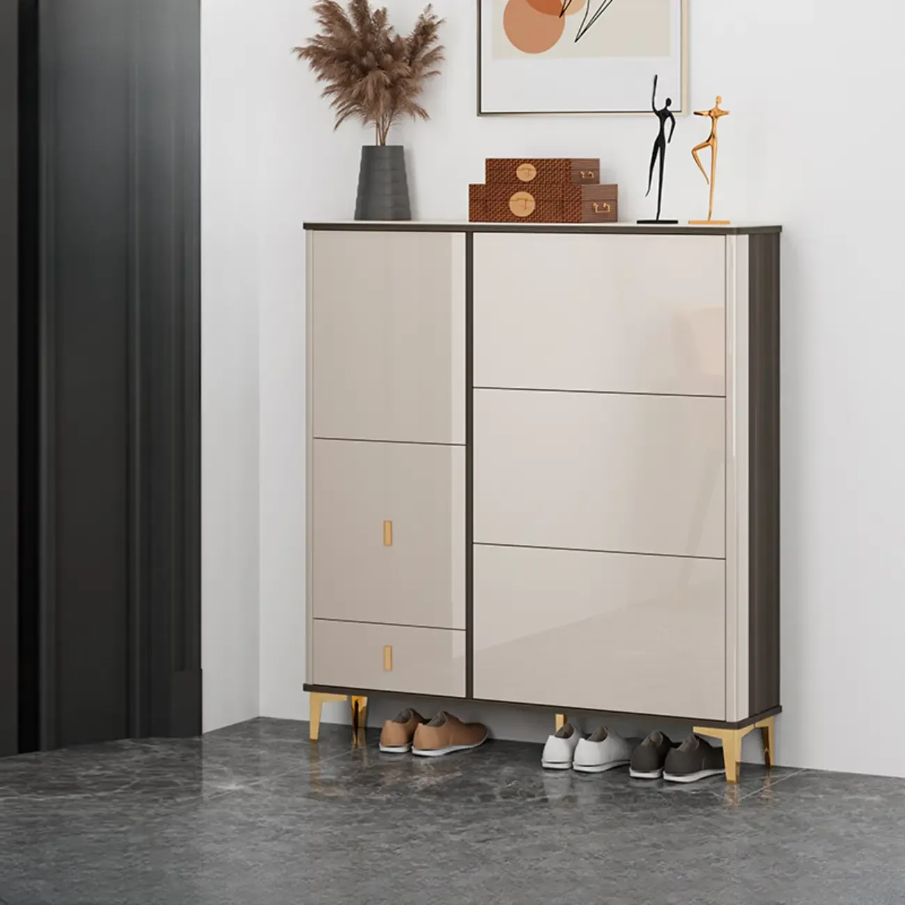 Glossy Shoe Cabinet with Sliding Doors for Entryway Image - 18