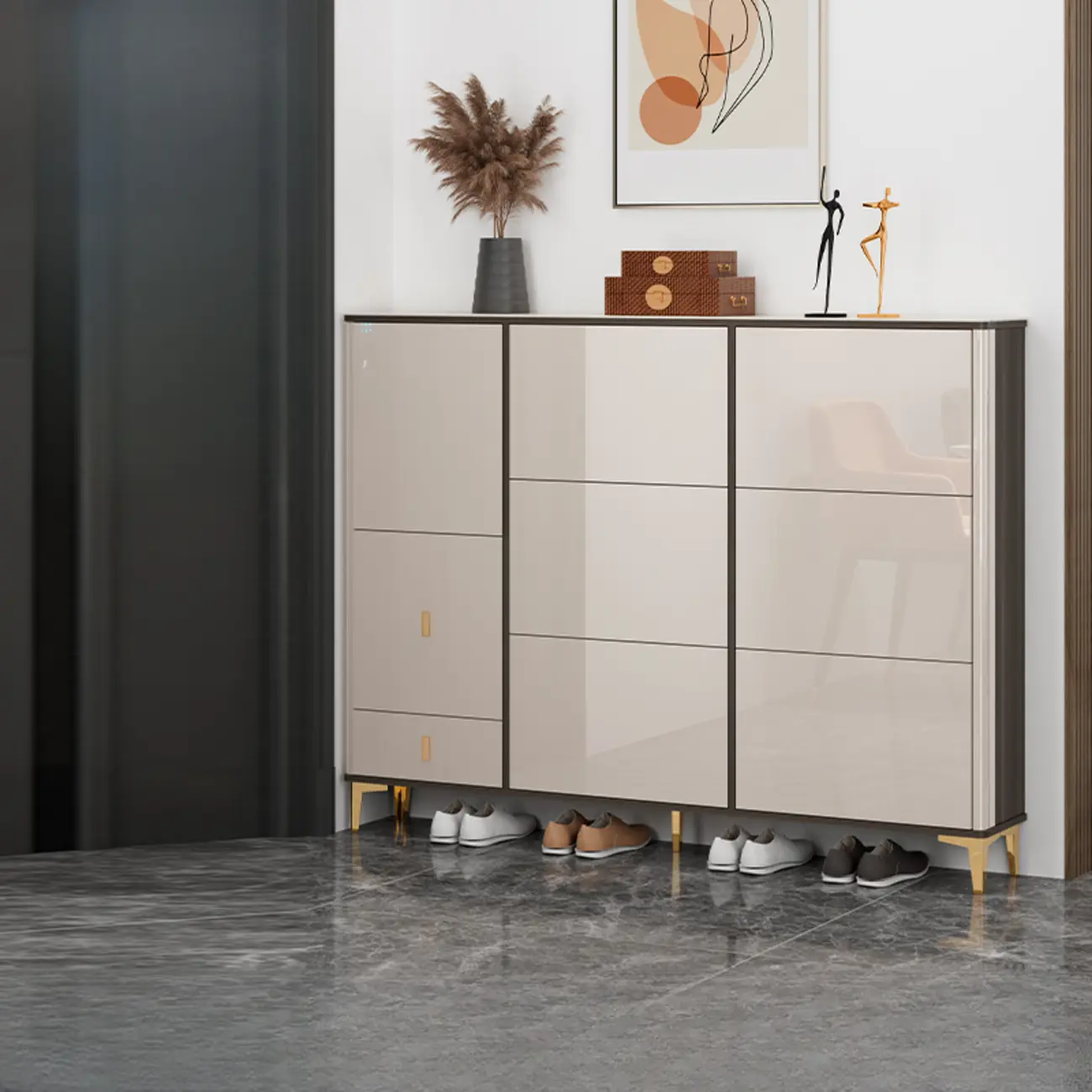 Glossy Shoe Cabinet with Sliding Doors for Entryway Image - 19 | homeyfad