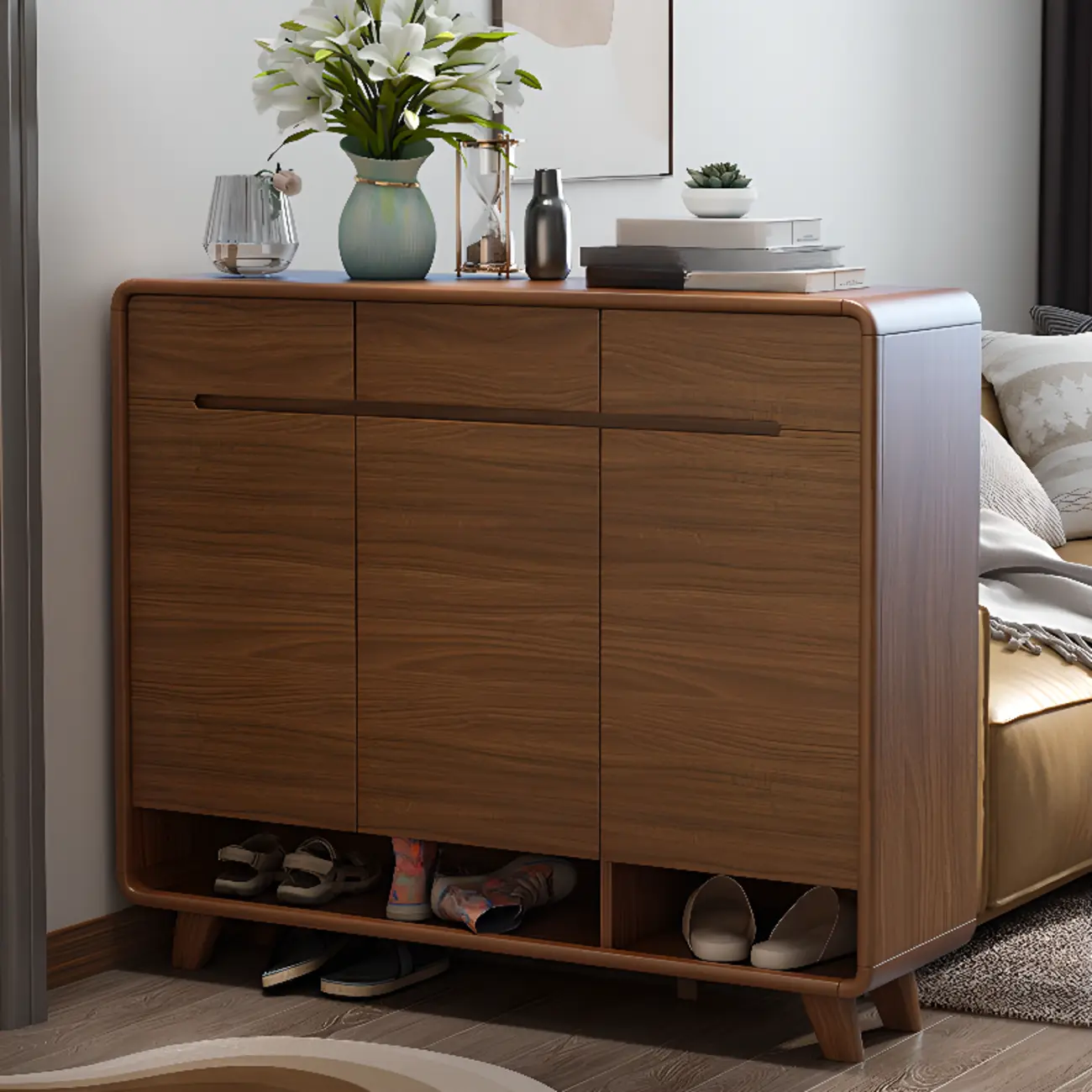 Traditional Wooden Entryway Walnut Shoe Storage Image - 1 | homeyfad
