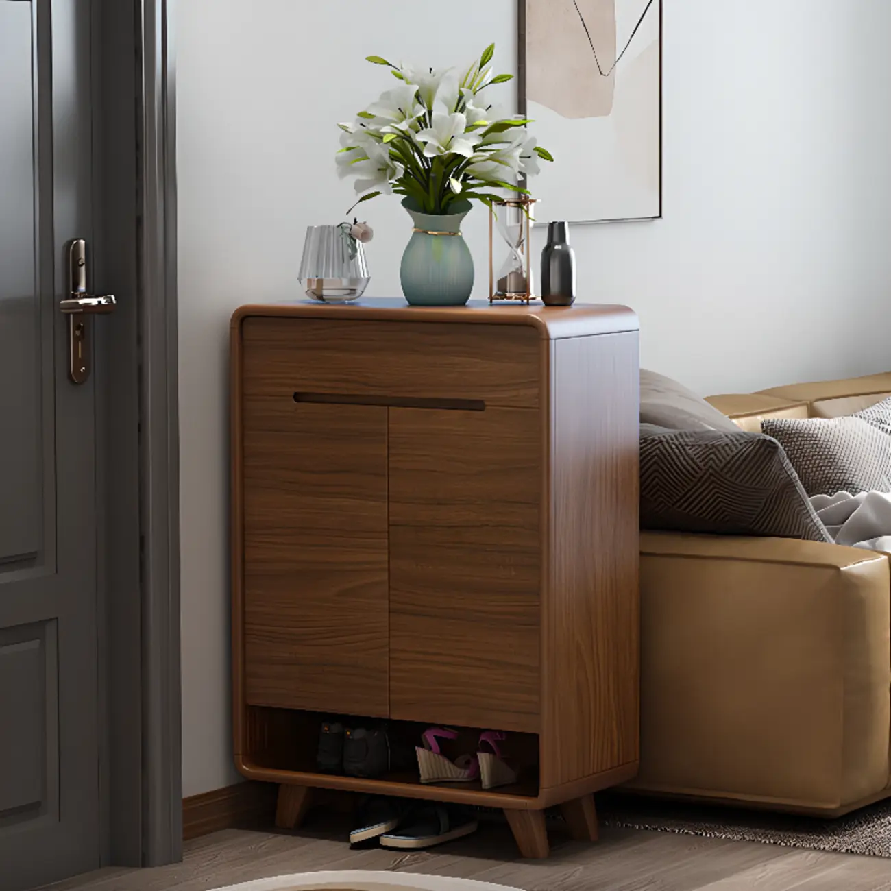 Traditional Wooden Entryway Walnut Shoe Storage Image - 2 | homeyfad