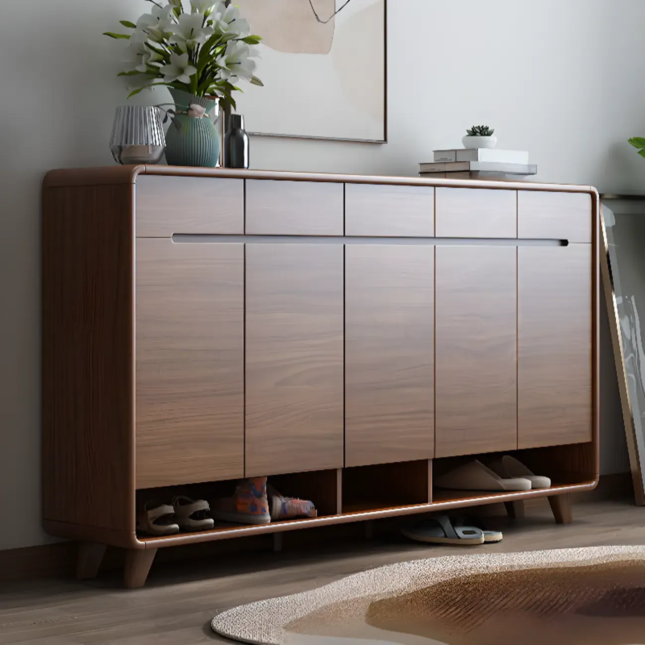 Traditional Walnut Entryway Shoe Storage Cabinet Image - 3