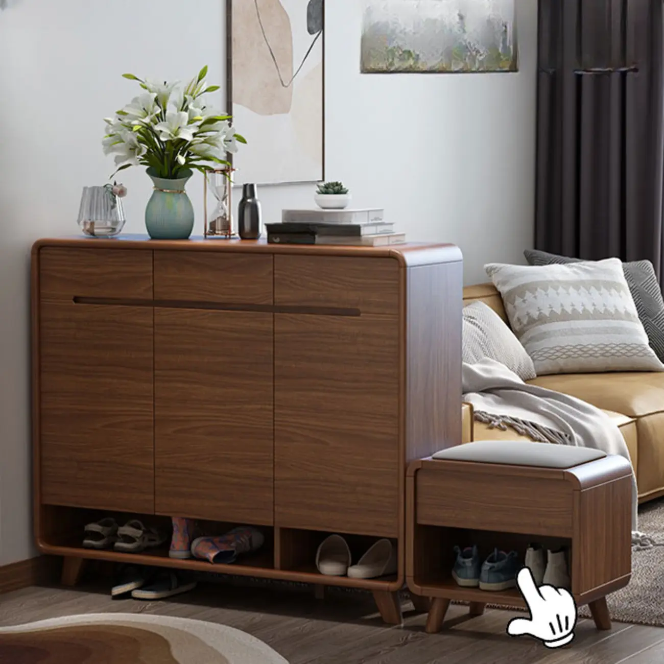 Traditional Walnut Entryway Shoe Storage Cabinet Image - 7 | homeyfad