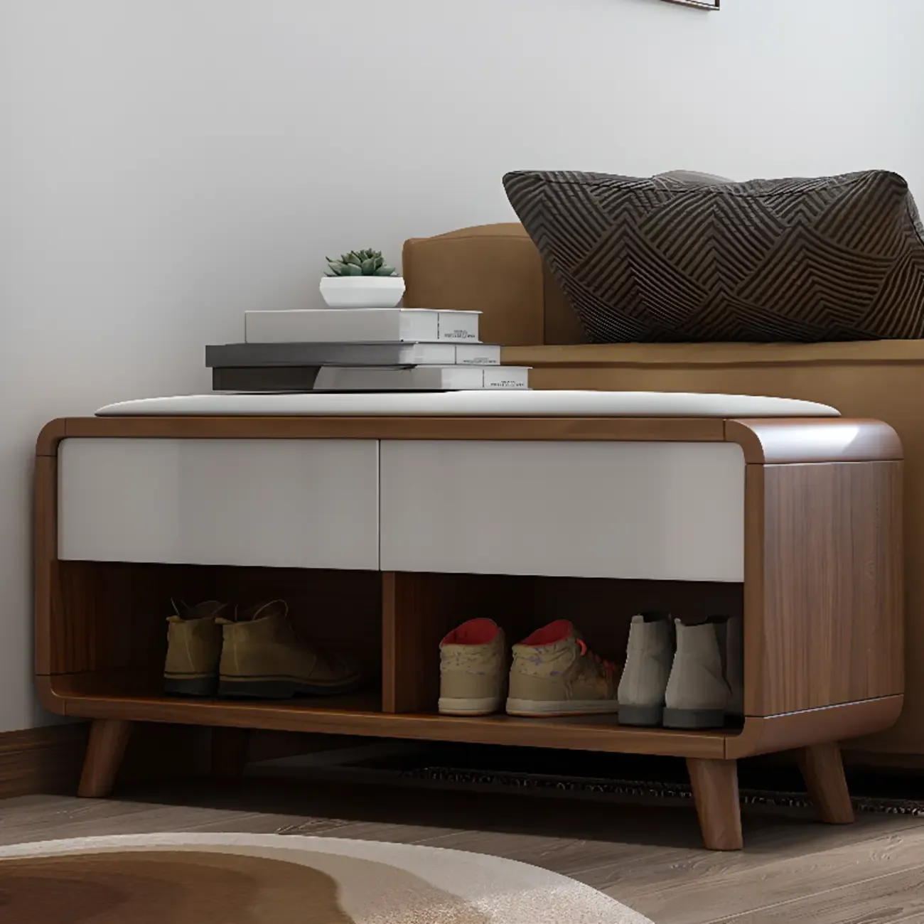 Traditional Walnut Entryway Shoe Storage Cabinet Image - 8
