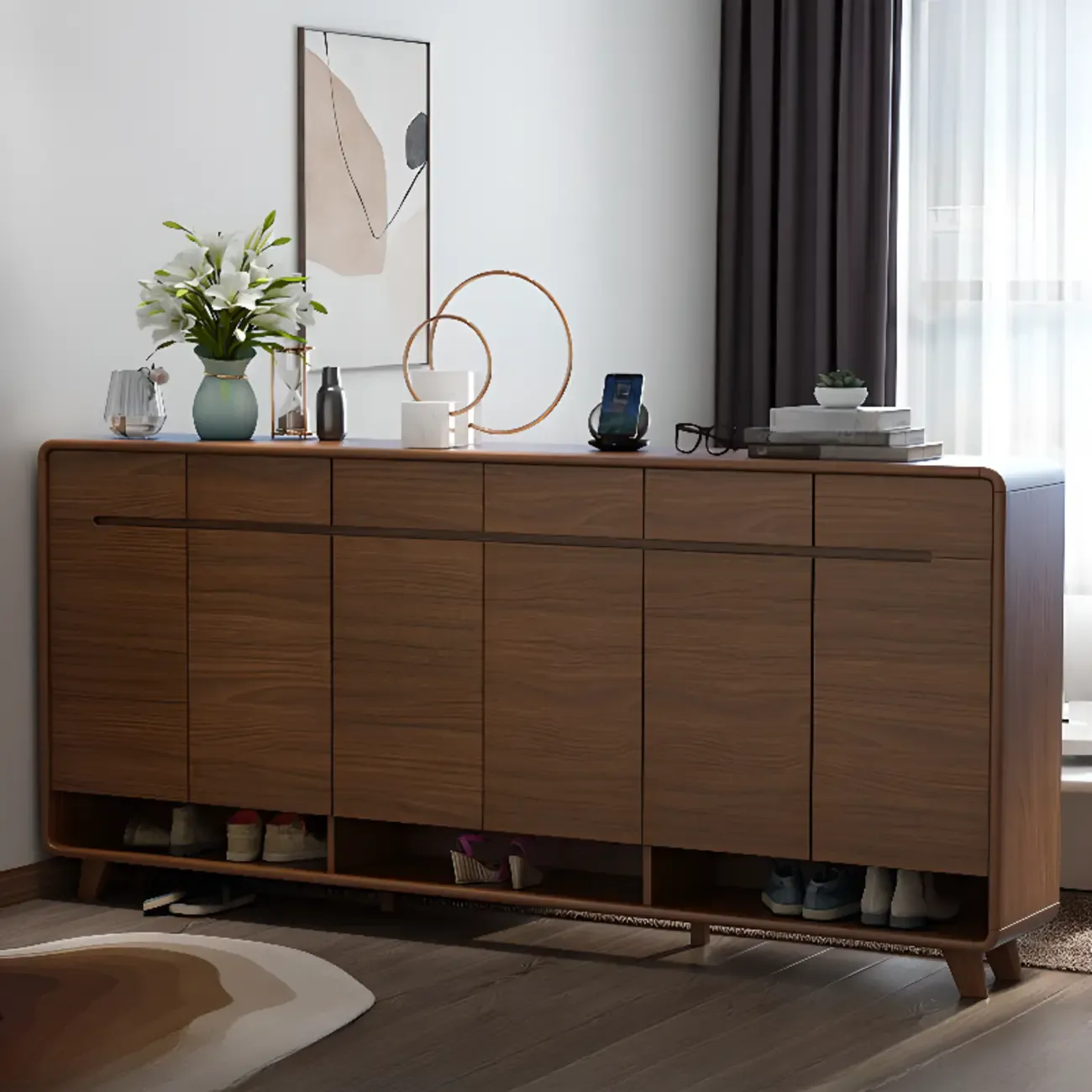 Traditional Walnut Entryway Shoe Storage Cabinet Image - 10