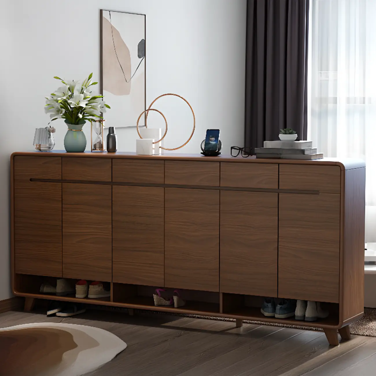 Traditional Walnut Entryway Shoe Storage Cabinet Image - 11 | homeyfad