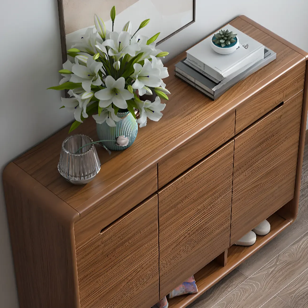 Traditional Walnut Entryway Shoe Storage Cabinet Image - 13
