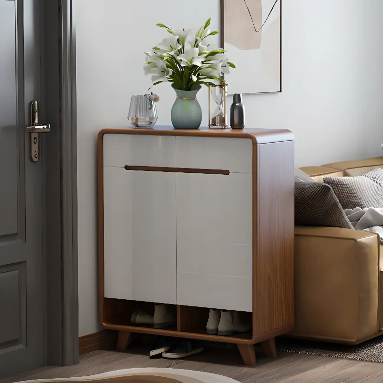 Traditional Walnut Entryway Shoe Storage Cabinet Image - 14
