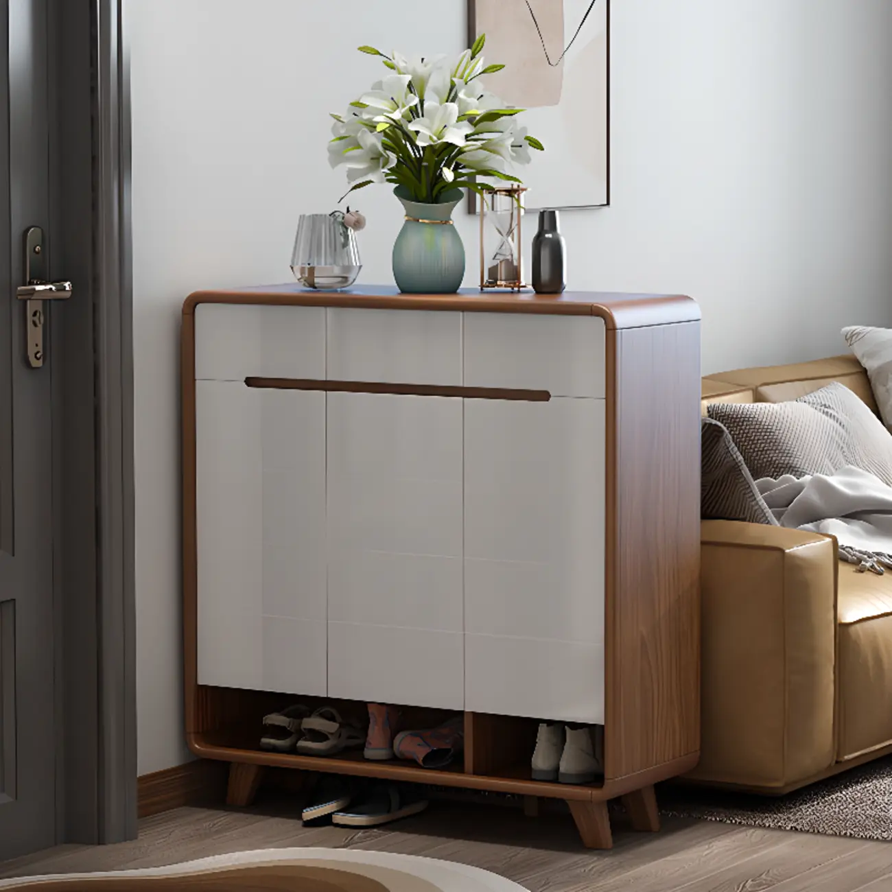 Traditional Walnut Entryway Shoe Storage Cabinet Image - 15 | homeyfad