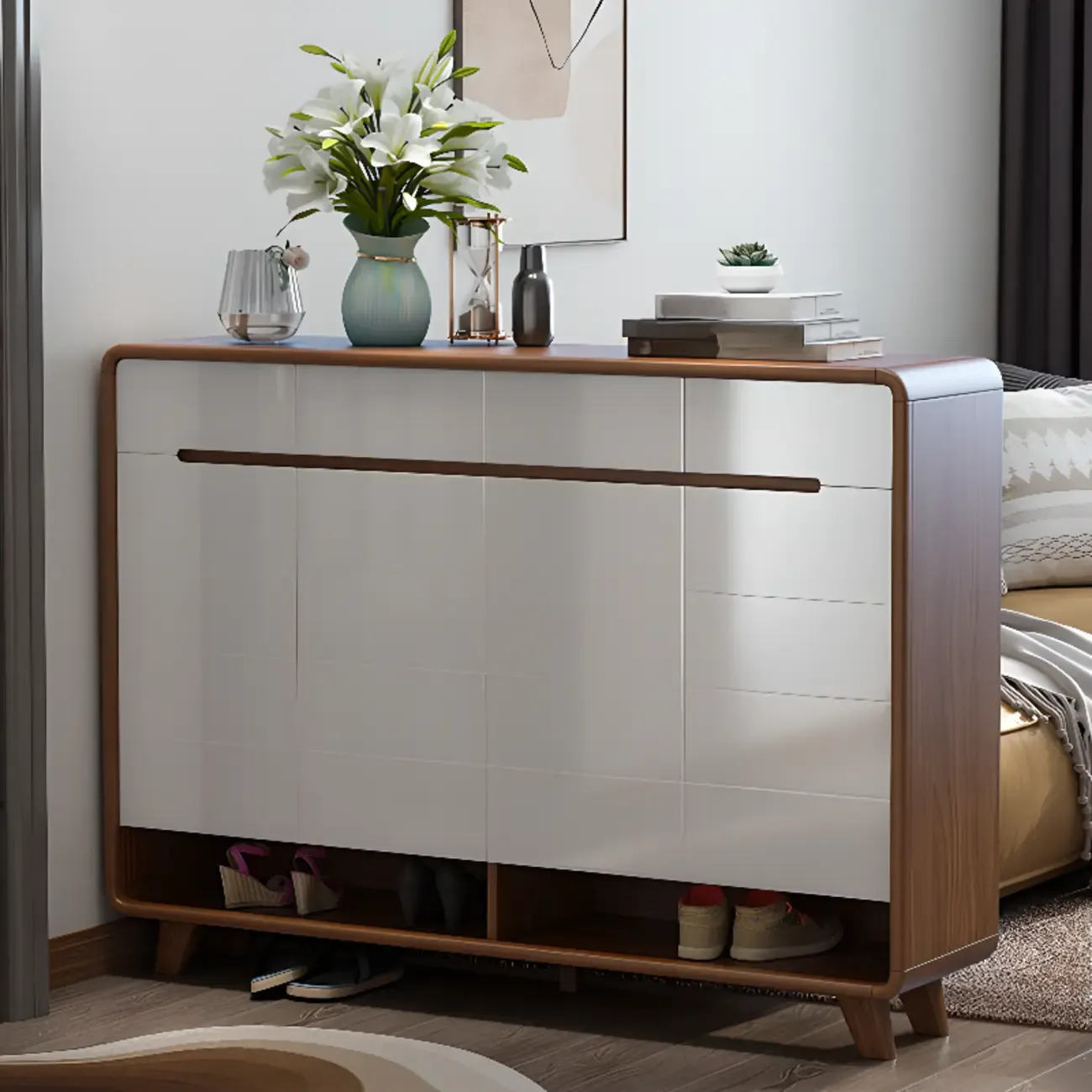 Traditional Walnut Entryway Shoe Storage Cabinet Image - 17