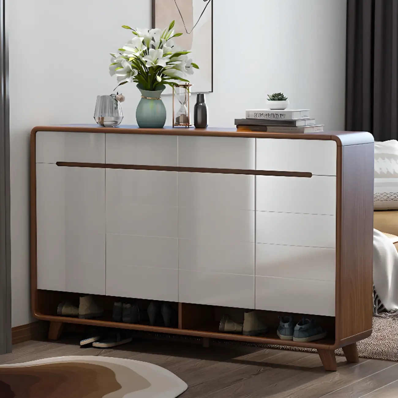 Traditional Walnut Entryway Shoe Storage Cabinet Image - 18