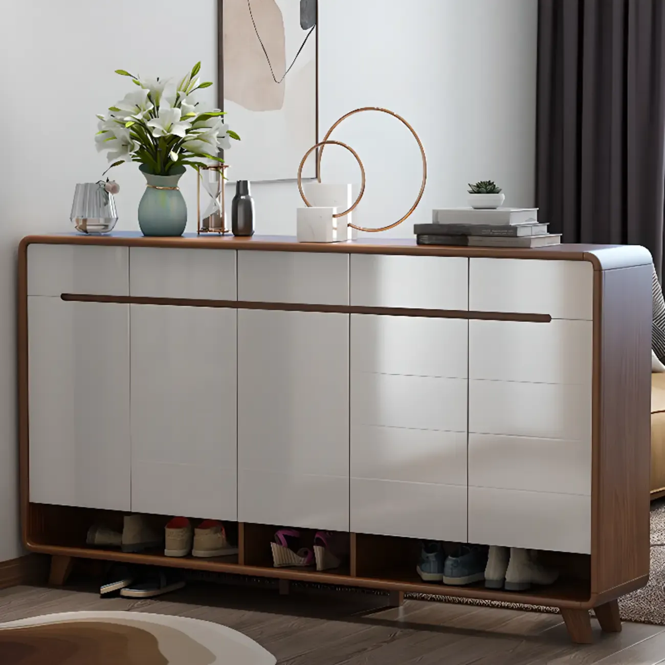 Traditional Walnut Entryway Shoe Storage Cabinet Image - 19