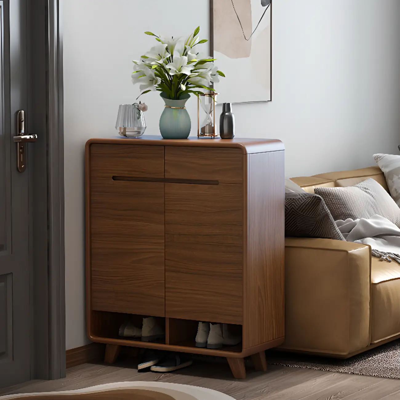 Traditional Walnut Entryway Shoe Storage Cabinet Image - 20 | homeyfad