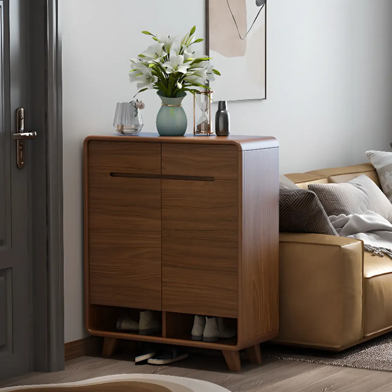 Traditional Walnut Entryway Shoe Storage Cabinet Image - 20