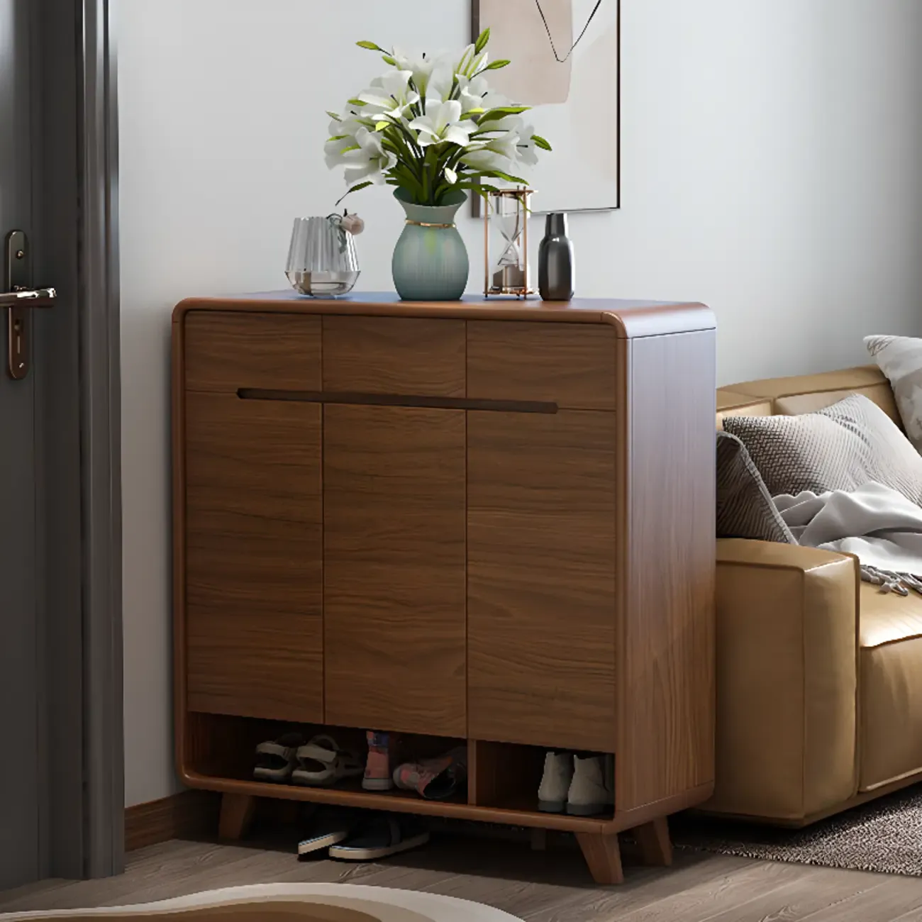 Traditional Walnut Entryway Shoe Storage Cabinet Image - 21