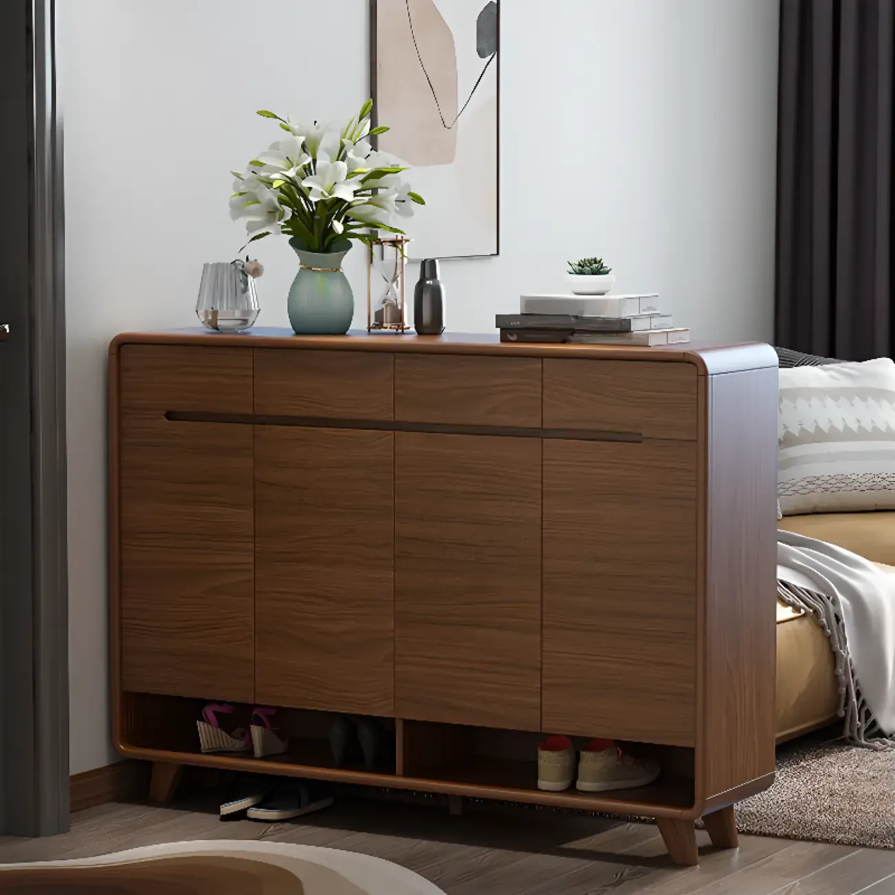 Traditional Walnut Entryway Shoe Storage Cabinet Image - 24
