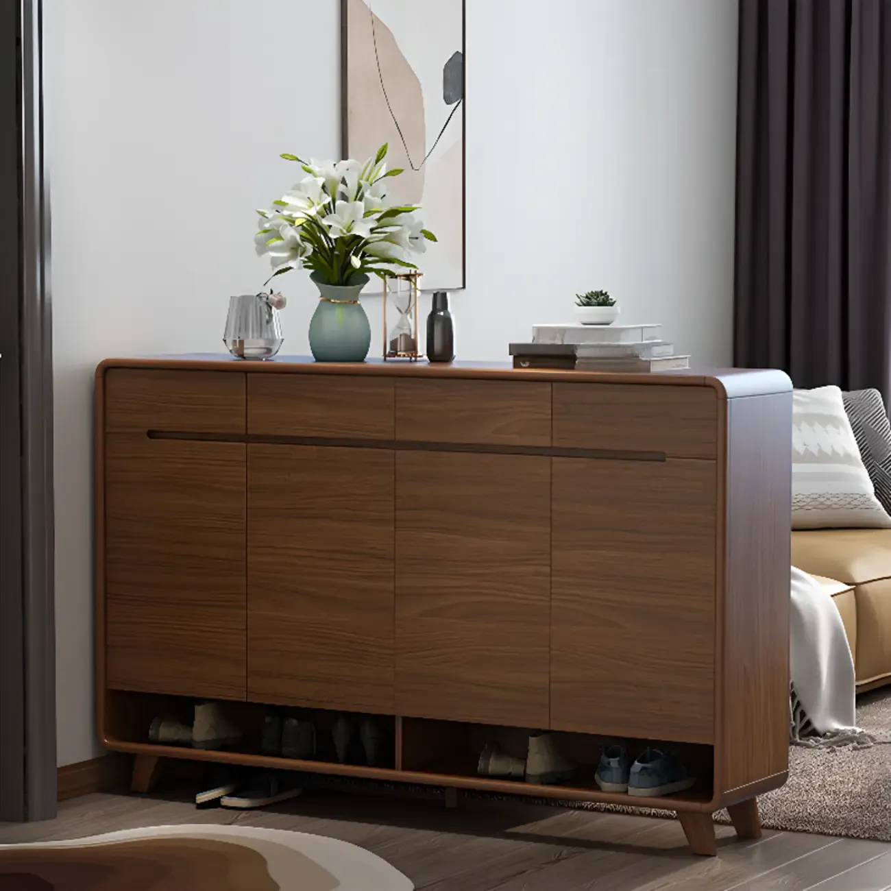 Traditional Walnut Entryway Shoe Storage Cabinet Image - 25