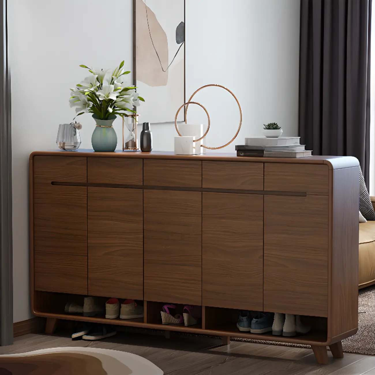 Traditional Walnut Entryway Shoe Storage Cabinet Image - 26 | homeyfad