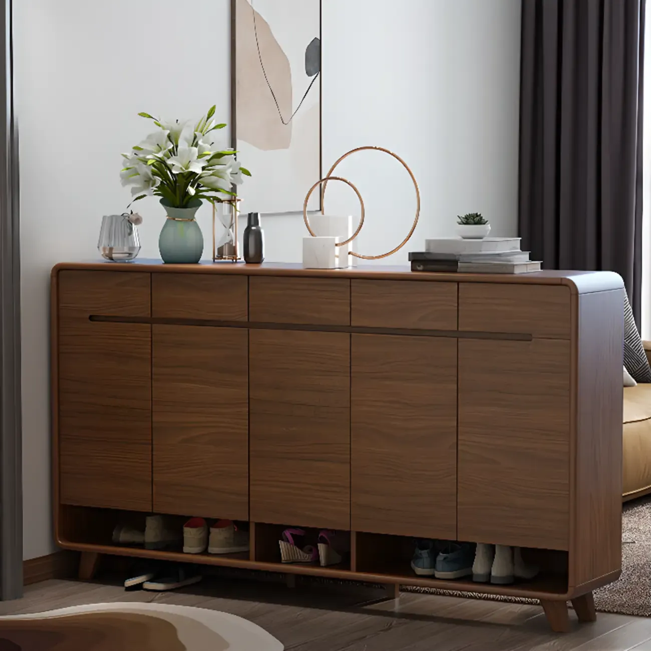 Traditional Walnut Entryway Shoe Storage Cabinet Image - 26