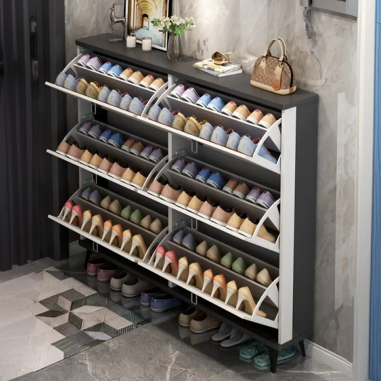 Modern Wood Shoe Cabinet with Adjustable Shelves, Entryway