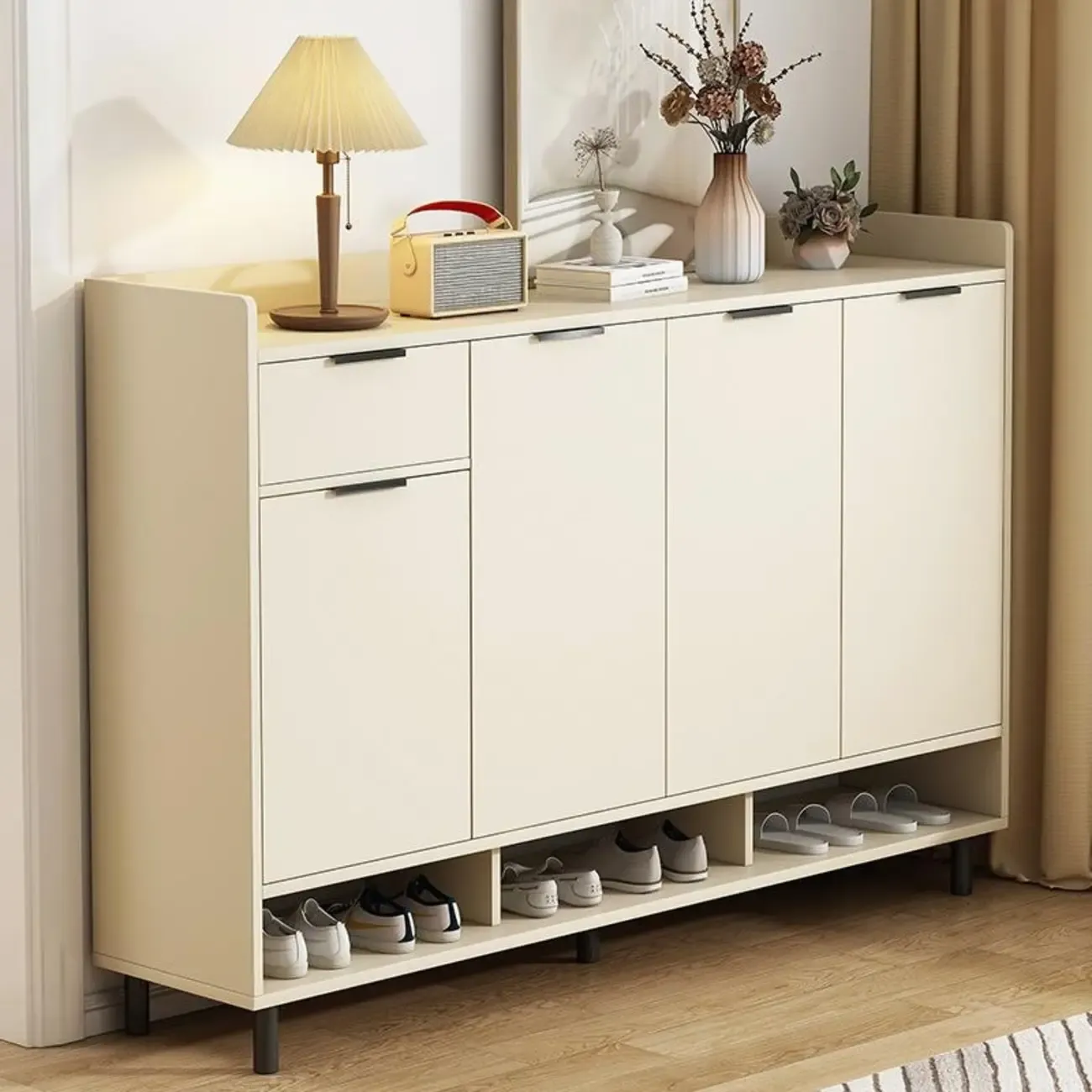 Entryway Off-White Wooden Shoe Storage Cabinet Image - 3