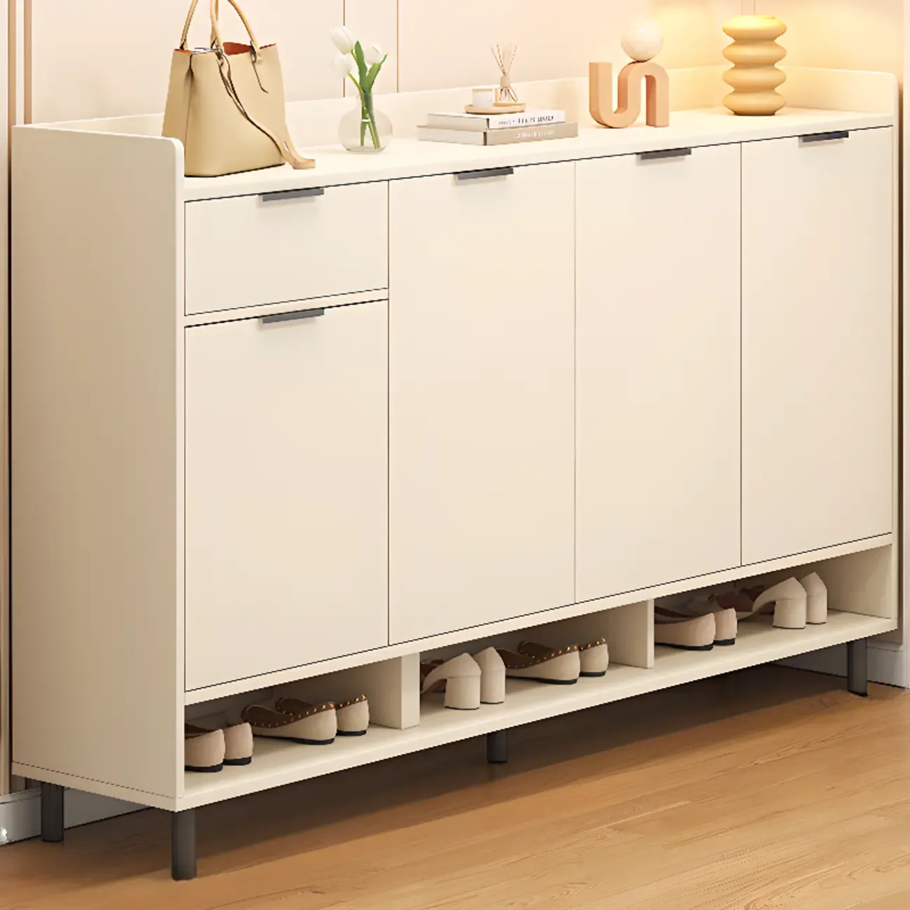 Entryway Off-White Wooden Shoe Storage Cabinet Image - 1