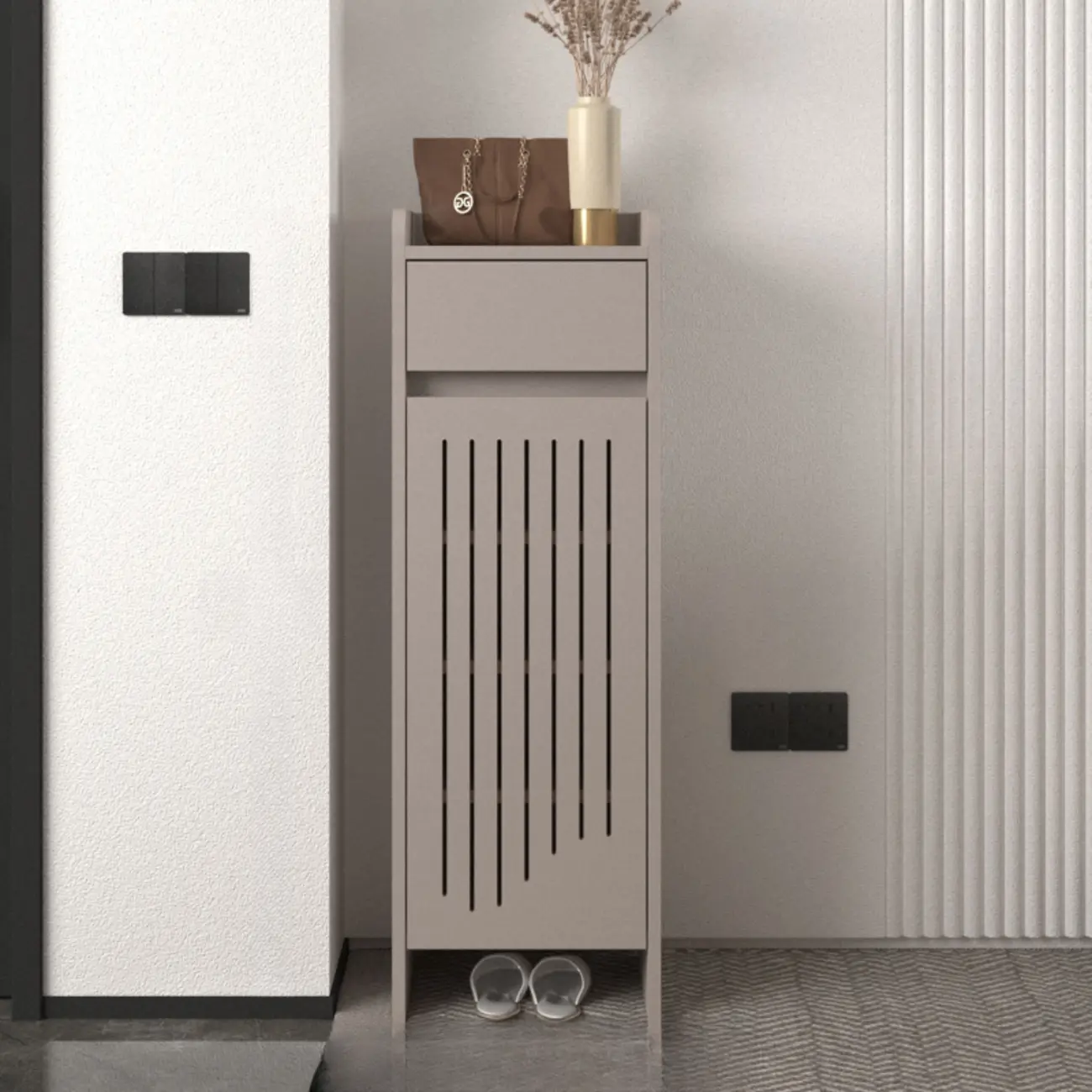 Modern Slim Wood Beige Entryway Shoe Cabinet Image - 2 | homeyfad