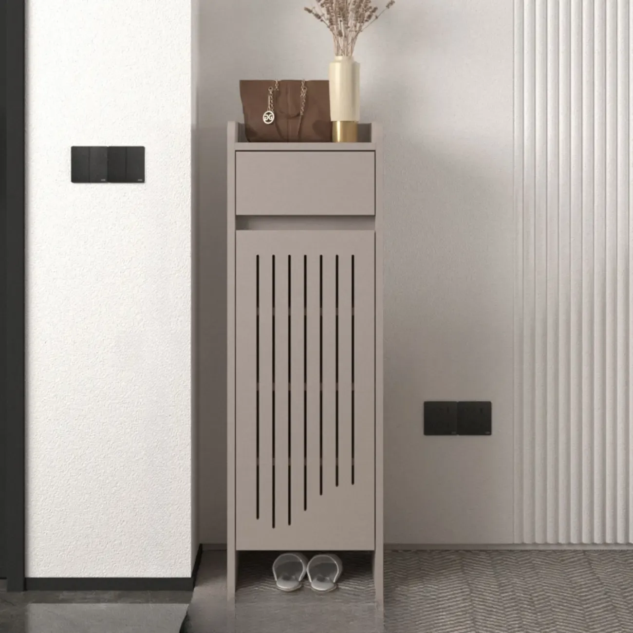 Modern Slim Wood Beige Entryway Shoe Cabinet Image - 2