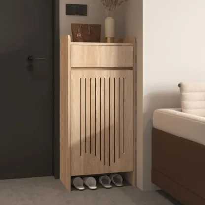 Modern Slim Wood Beige Entryway Shoe Cabinet Image - 3