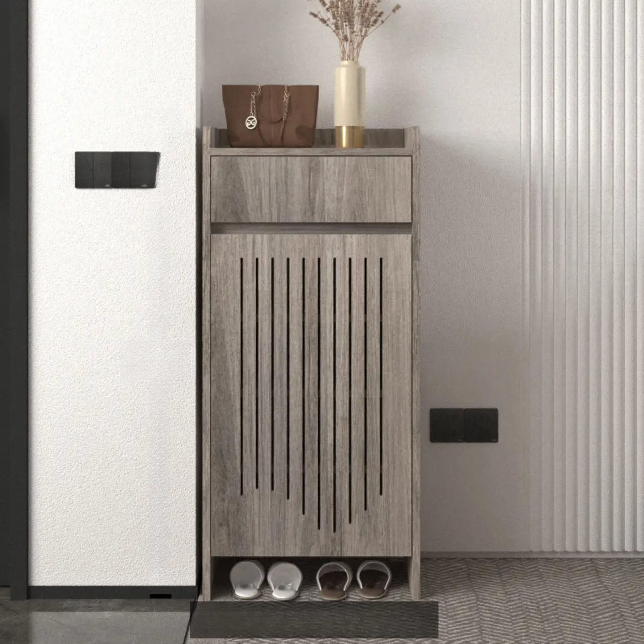 Modern Slim Wood Beige Entryway Shoe Cabinet Image - 4 | homeyfad