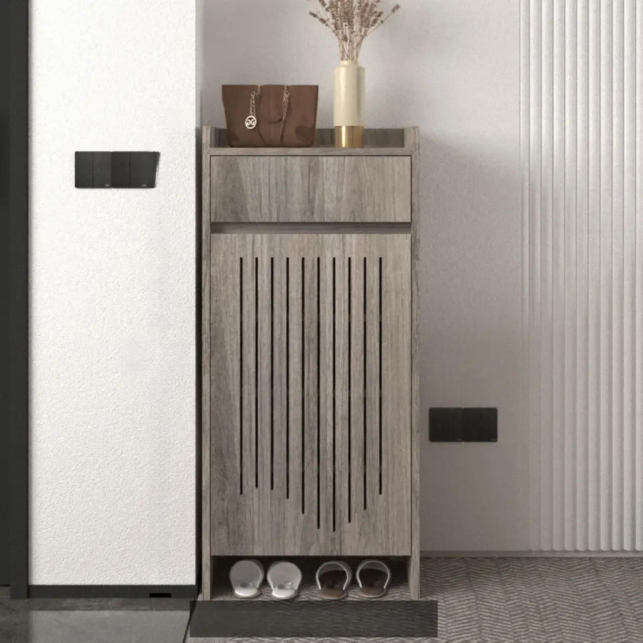 Modern Slim Wood Beige Entryway Shoe Cabinet Image - 4