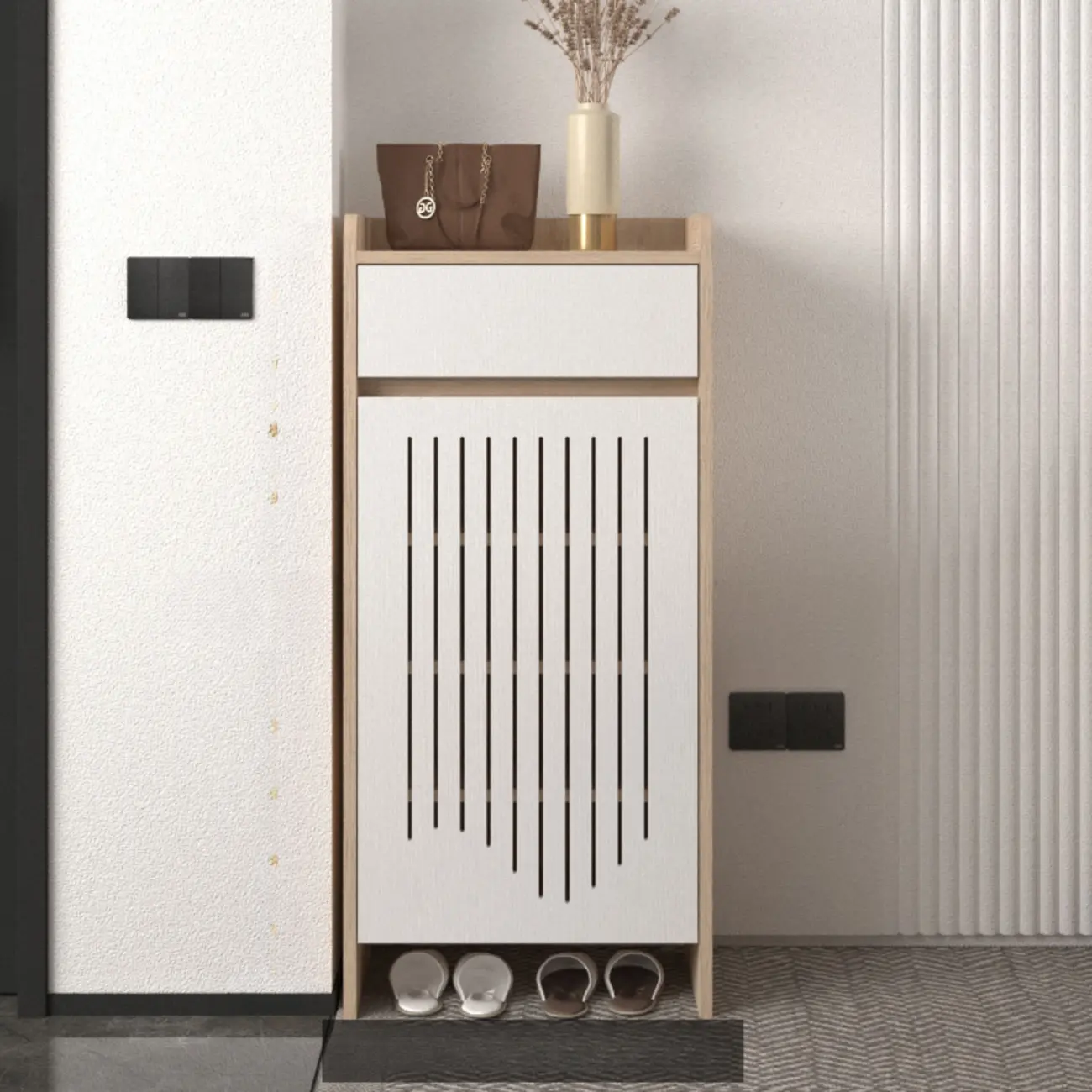 Modern Slim Wood Beige Entryway Shoe Cabinet Image - 5 | homeyfad