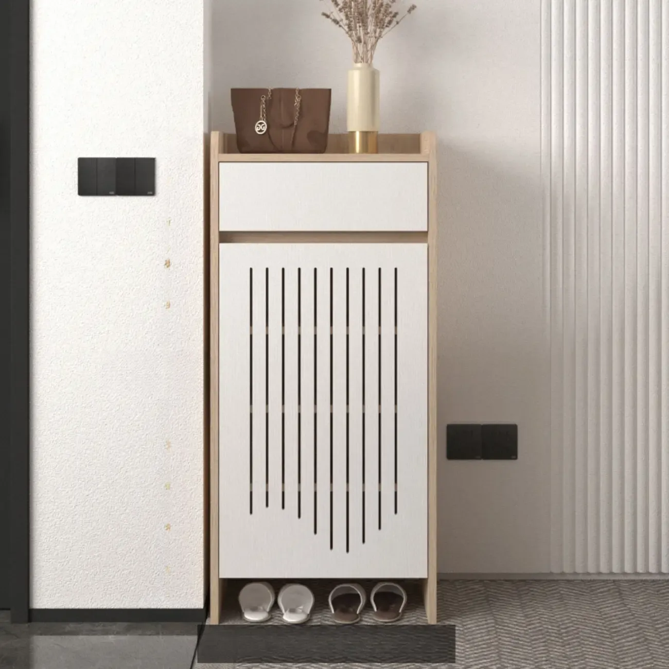 Modern Slim Wood Beige Entryway Shoe Cabinet Image - 6