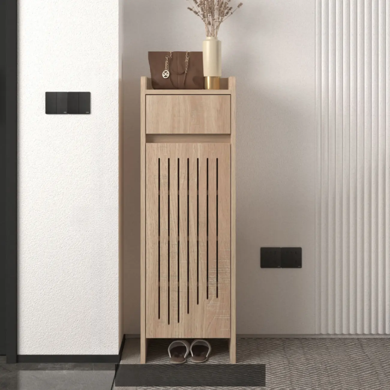 Modern Slim Wood Beige Entryway Shoe Cabinet Image - 8 | homeyfad