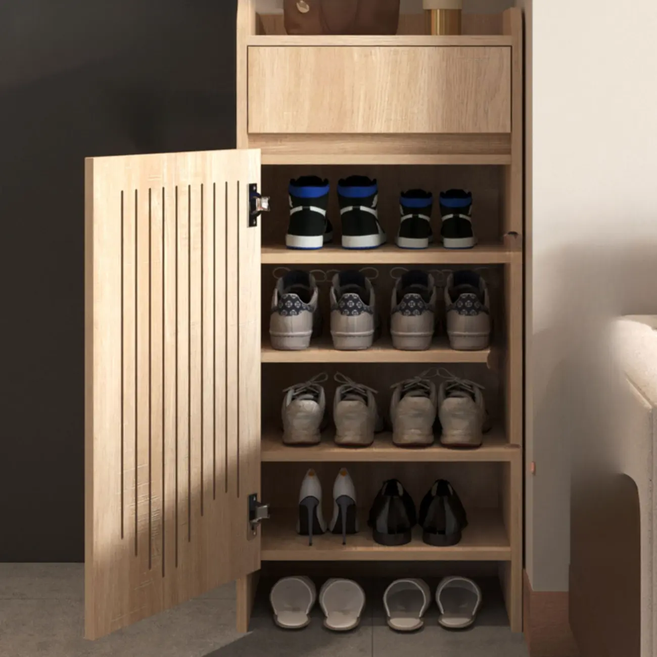 Modern Slim Wood Beige Entryway Shoe Cabinet Image - 8 | homeyfad