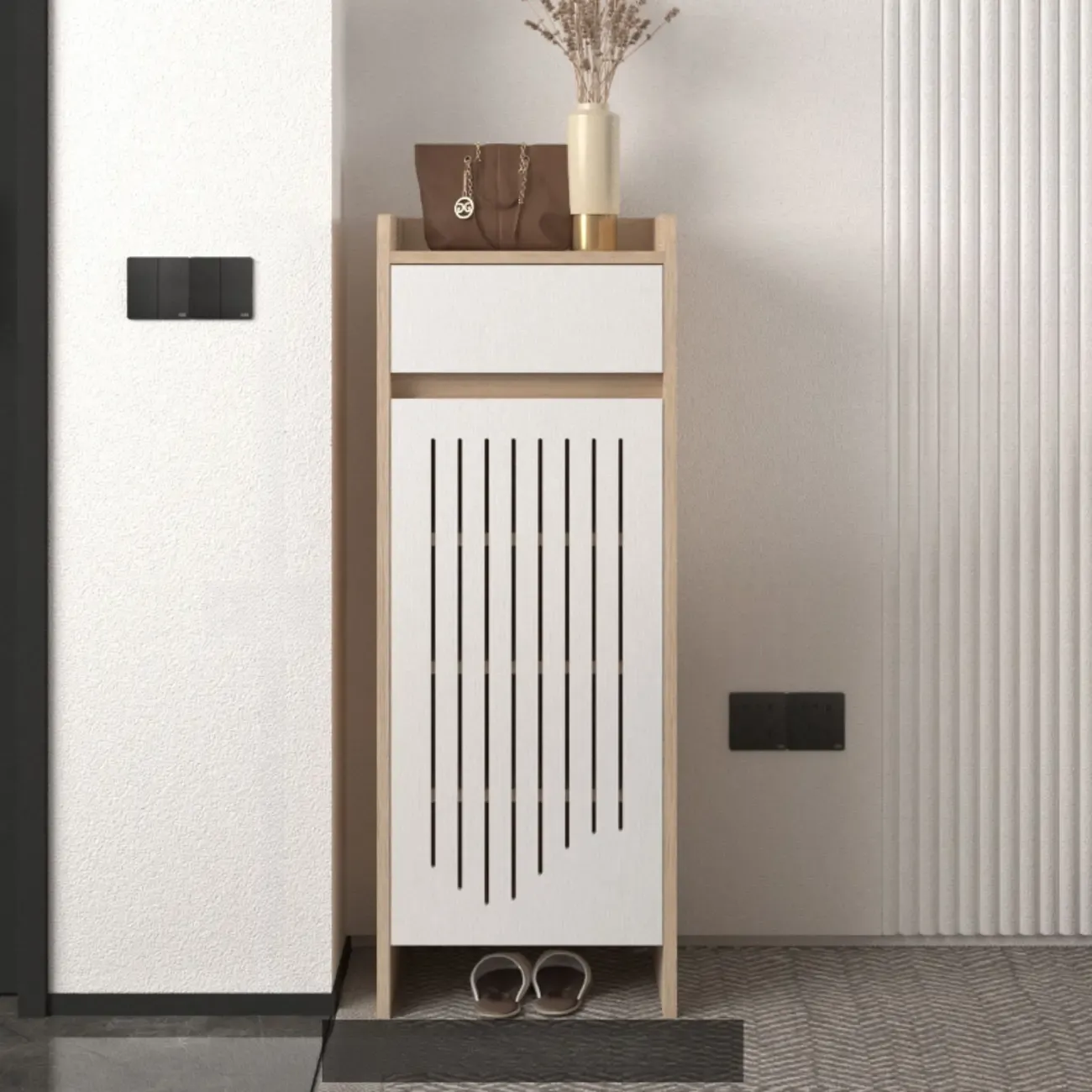 Modern Slim Wood Beige Entryway Shoe Cabinet Image - 10