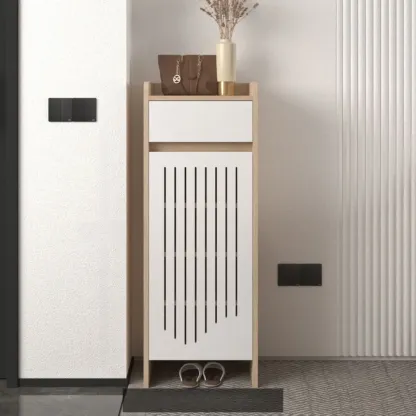 Modern Slim Wood Beige Entryway Shoe Cabinet Image - 10