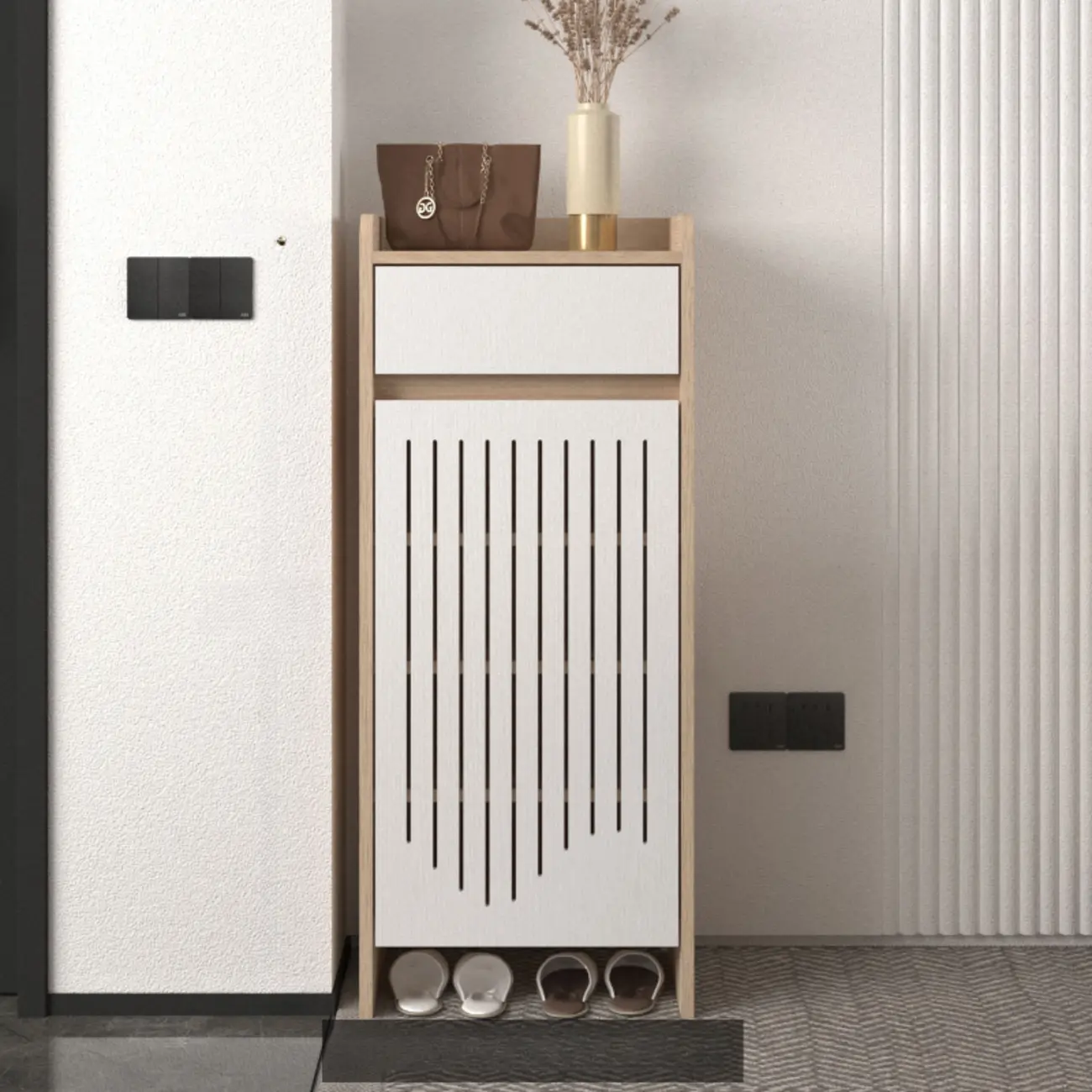 Modern Slim Wood Beige Entryway Shoe Cabinet Image - 12 | homeyfad