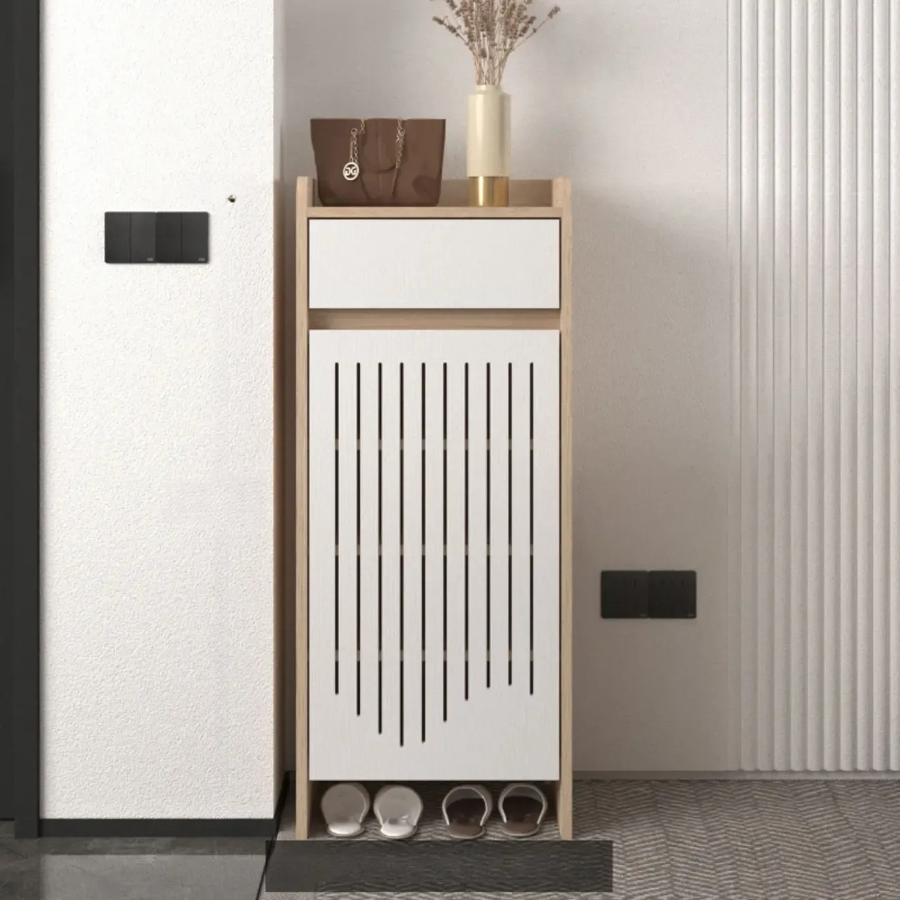 Modern Slim Wood Beige Entryway Shoe Cabinet Image - 12
