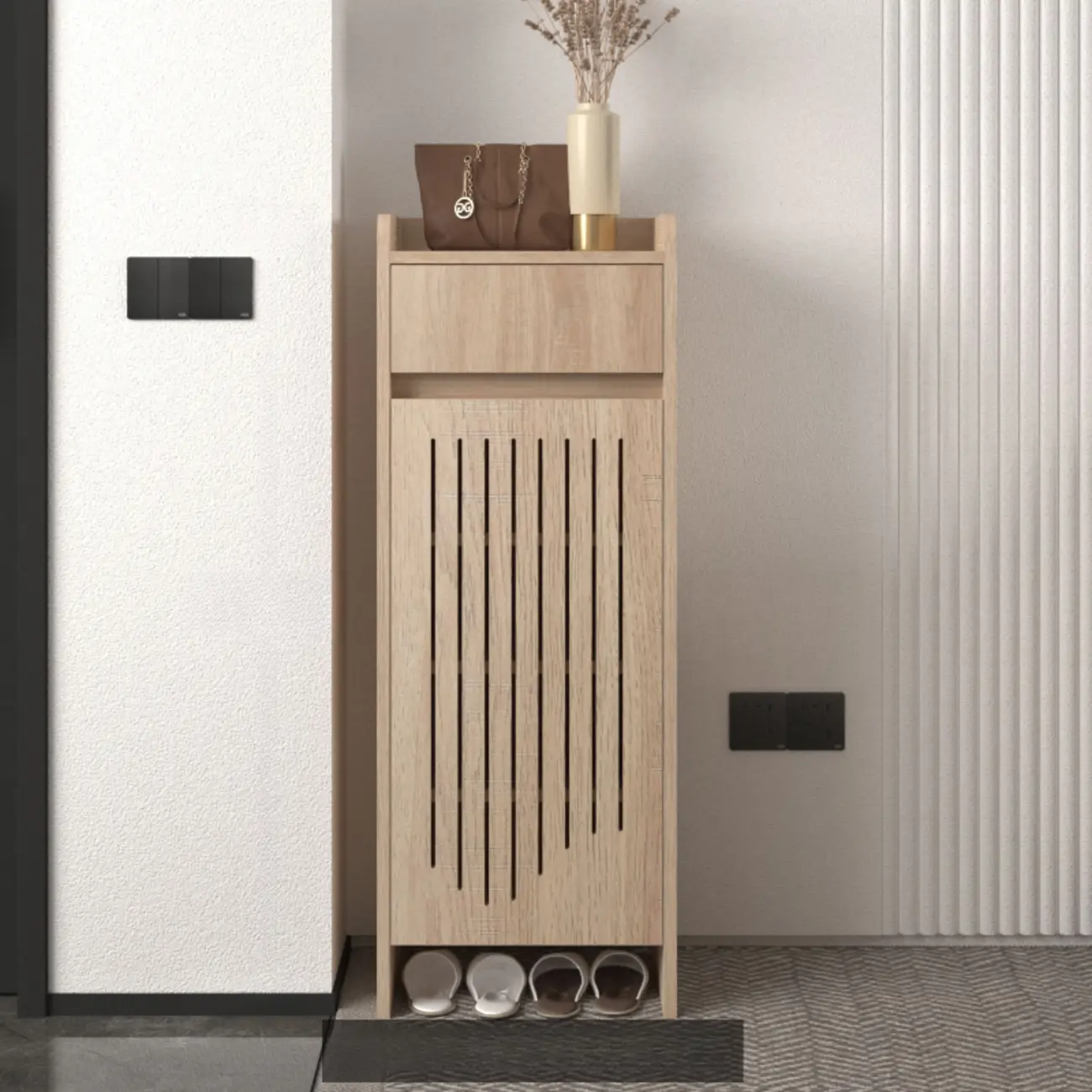 Modern Slim Wood Beige Entryway Shoe Cabinet Image - 14 | homeyfad