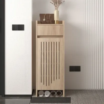 Modern Slim Wood Beige Entryway Shoe Cabinet Image - 14