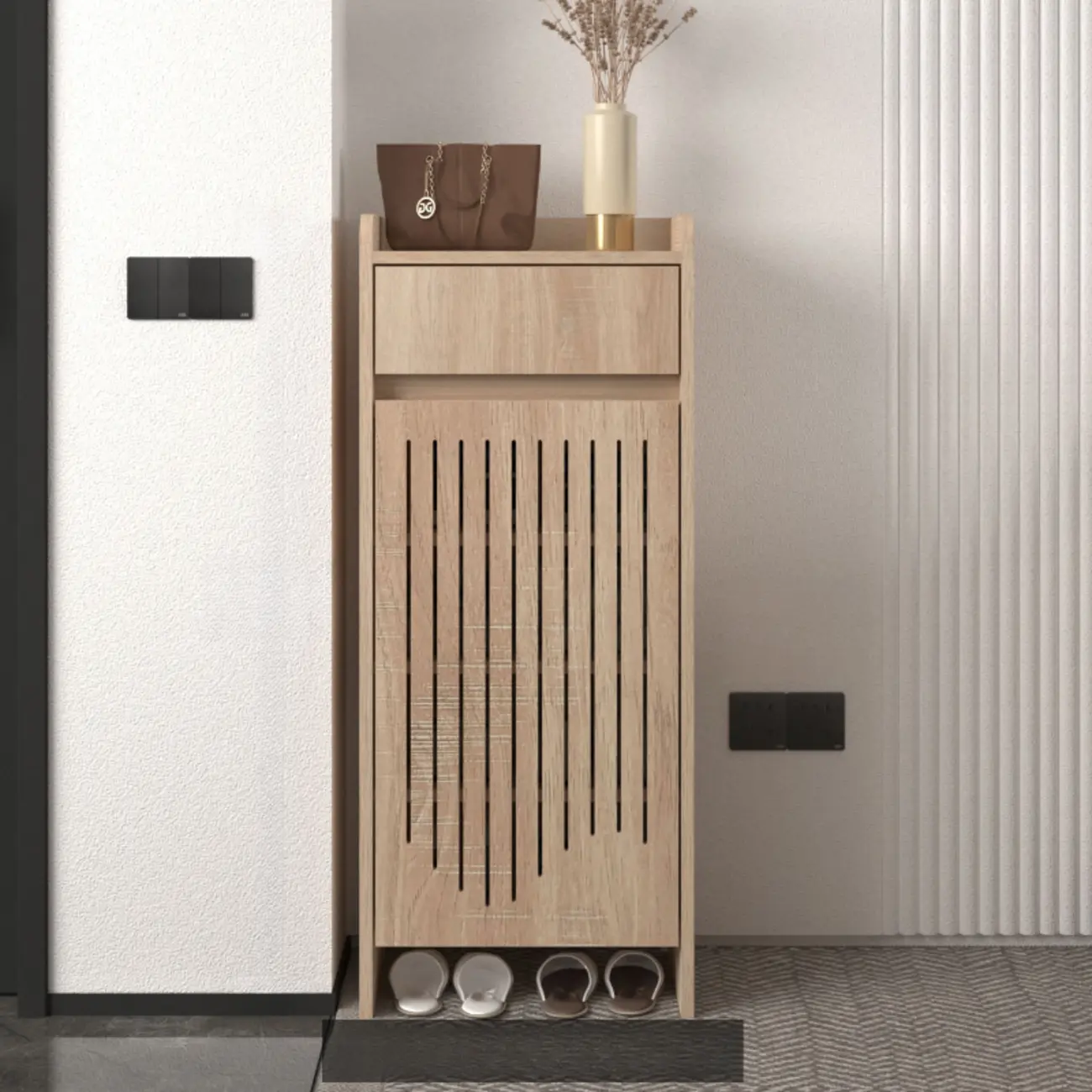 Modern Slim Wood Beige Entryway Shoe Cabinet Image - 12 | homeyfad