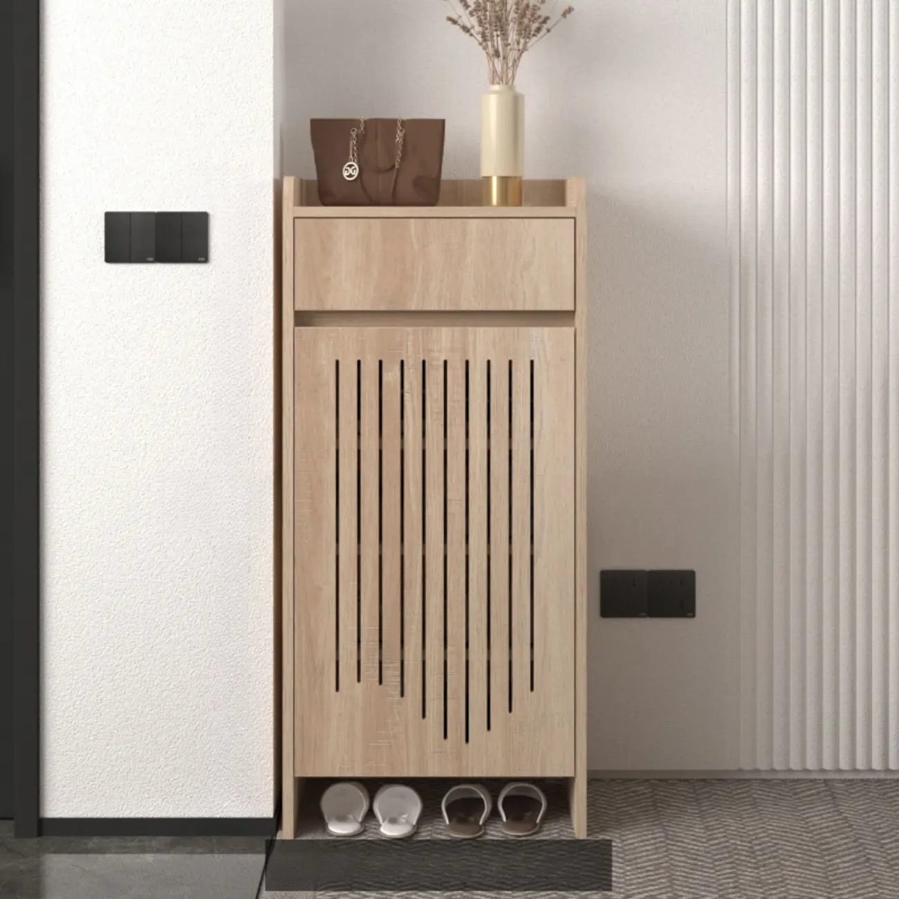 Modern Slim Wood Beige Entryway Shoe Cabinet Image - 16 | homeyfad