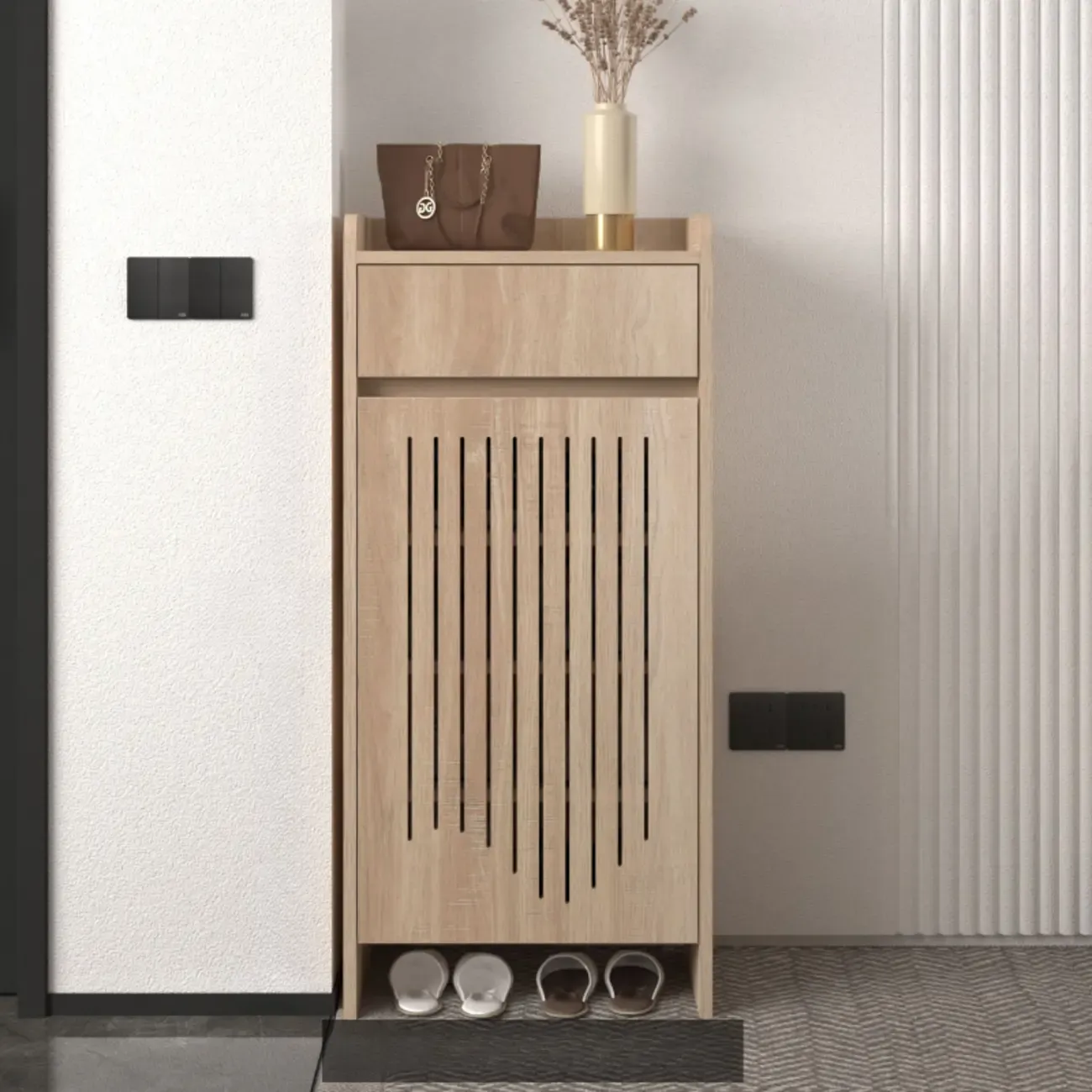 Modern Slim Wood Beige Entryway Shoe Cabinet Image - 16