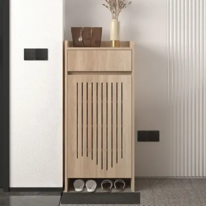 Modern Slim Wood Beige Entryway Shoe Cabinet Image - 16