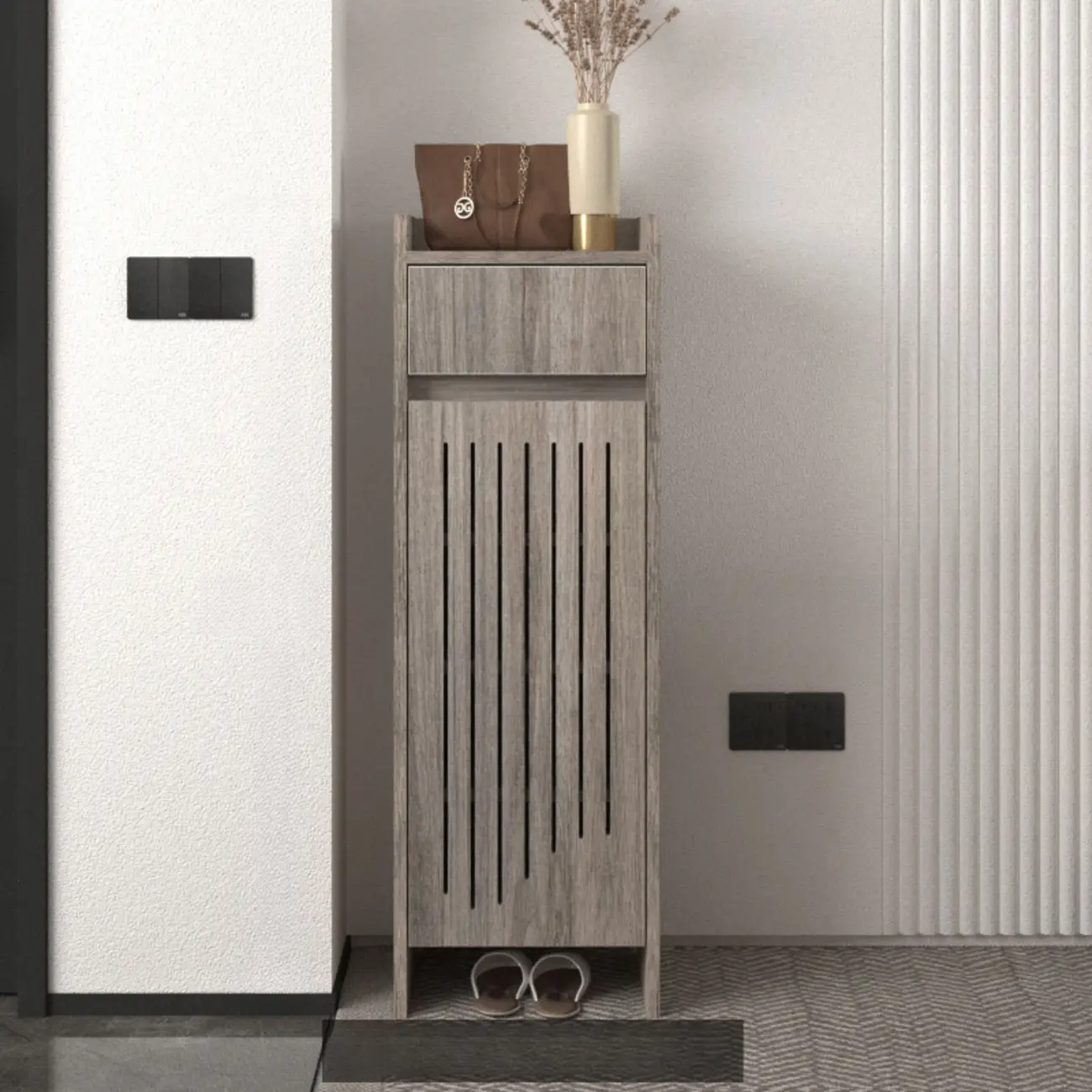 Modern Slim Wood Beige Entryway Shoe Cabinet Image - 17 | homeyfad