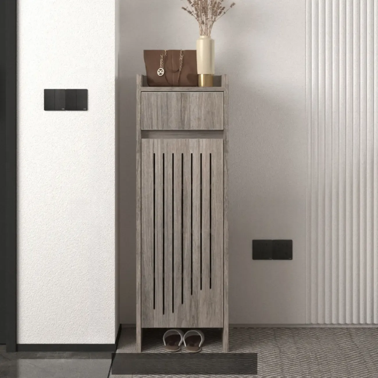 Modern Slim Wood Beige Entryway Shoe Cabinet Image - 17