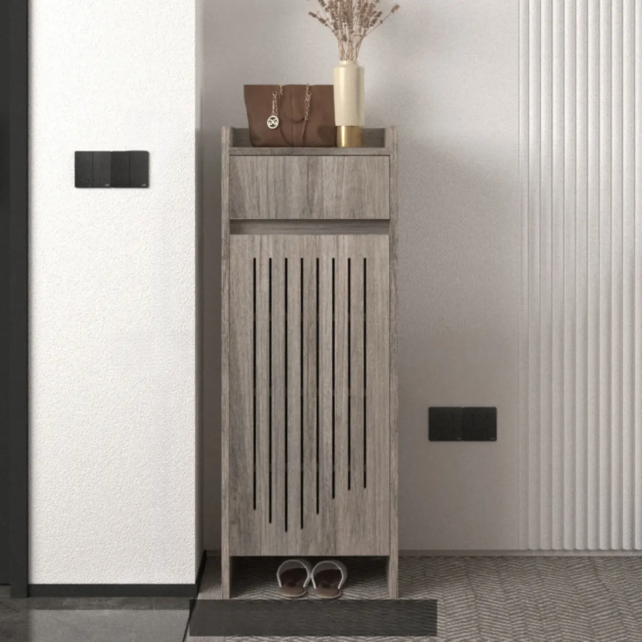 Modern Slim Wood Beige Entryway Shoe Cabinet Image - 18 | homeyfad