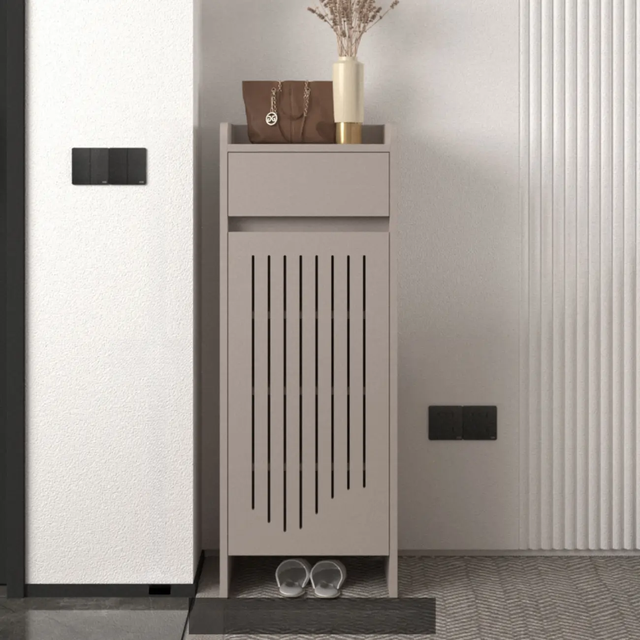 Modern Slim Wood Beige Entryway Shoe Cabinet Image - 19 | homeyfad