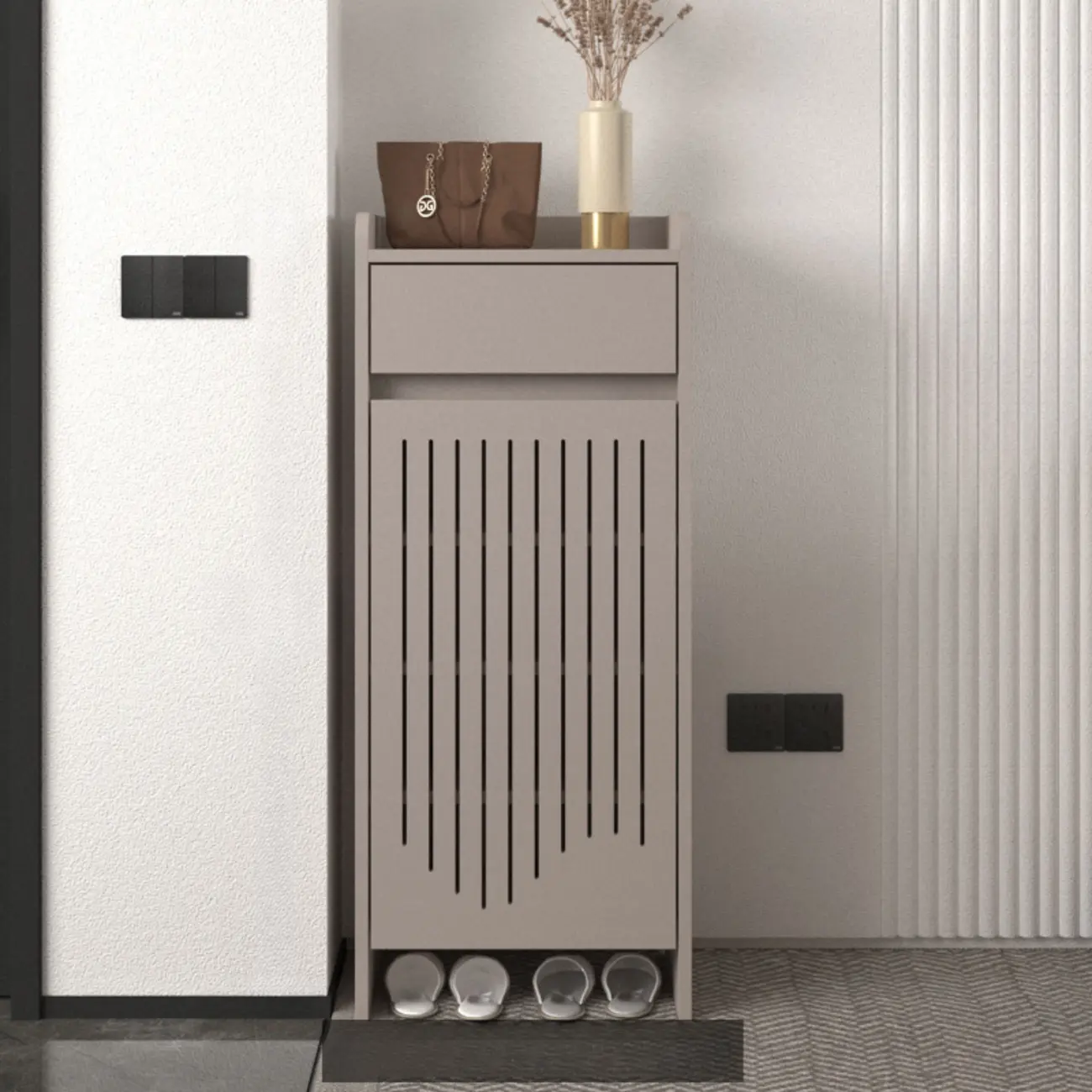 Modern Slim Wood Beige Entryway Shoe Cabinet Image - 15 | homeyfad